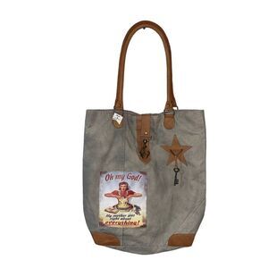 VINTAGE ADDICTION CALIFORNIA INSPIRATIONAL TOTE CANVAS EUC LEATHER HANDLE